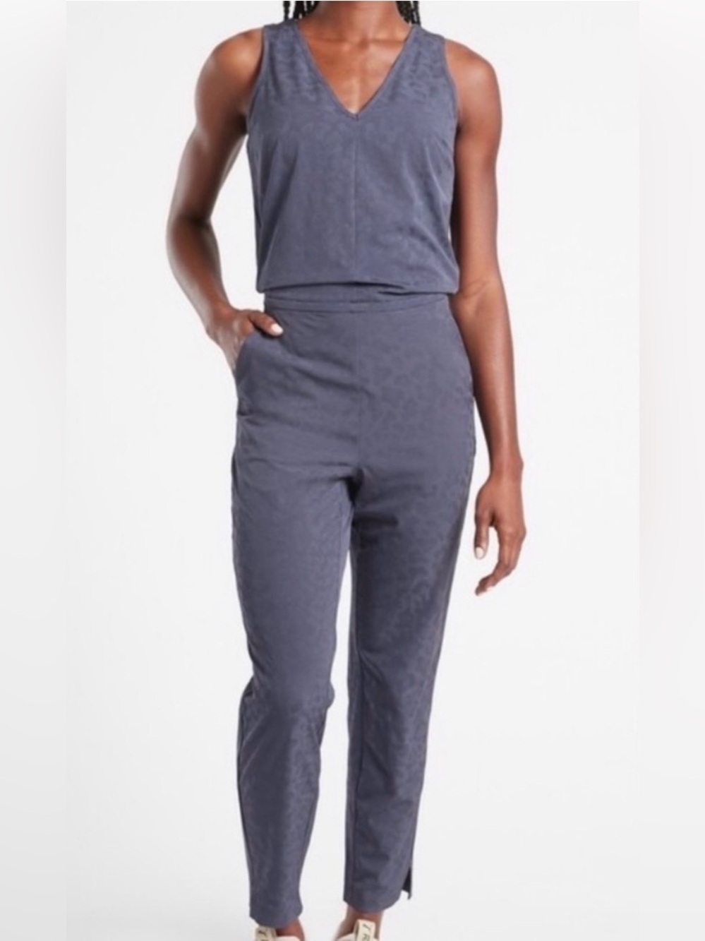 Athleta Brooklyn Textured Leopard Jumpsuit 0 Medieval Violet Blue Stretch